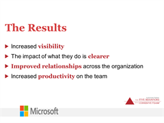 [THE RESULTS]
Using The Five Behaviors of a Cohesive Team as the foundation they created a process for teamwork and look at these results:  According to Darci, 
The team is much more visible
The impact of what they do is clearer
Improved their working relationships across the org
They’re  more productive
