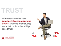 [DEFINE TRUST }
The first and foundational behavior of cohesive teams is trust. That means:
Being vulnerable with one other. 
It’s about genuinely transparent and honest with one another so you can admit your mistakes, weaknesses 
and say things like able to say things like “hey, I need help” or “I struggle in this are, or I’m sorry

